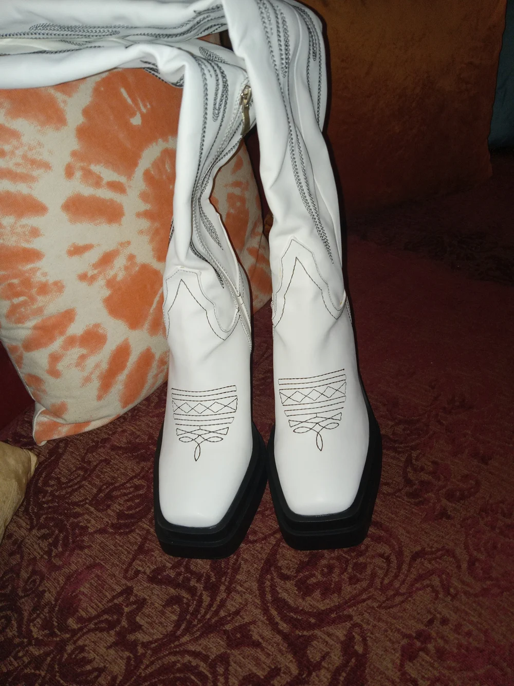 Lemonade White Over-the-Knee Western Boots with Black Stitching